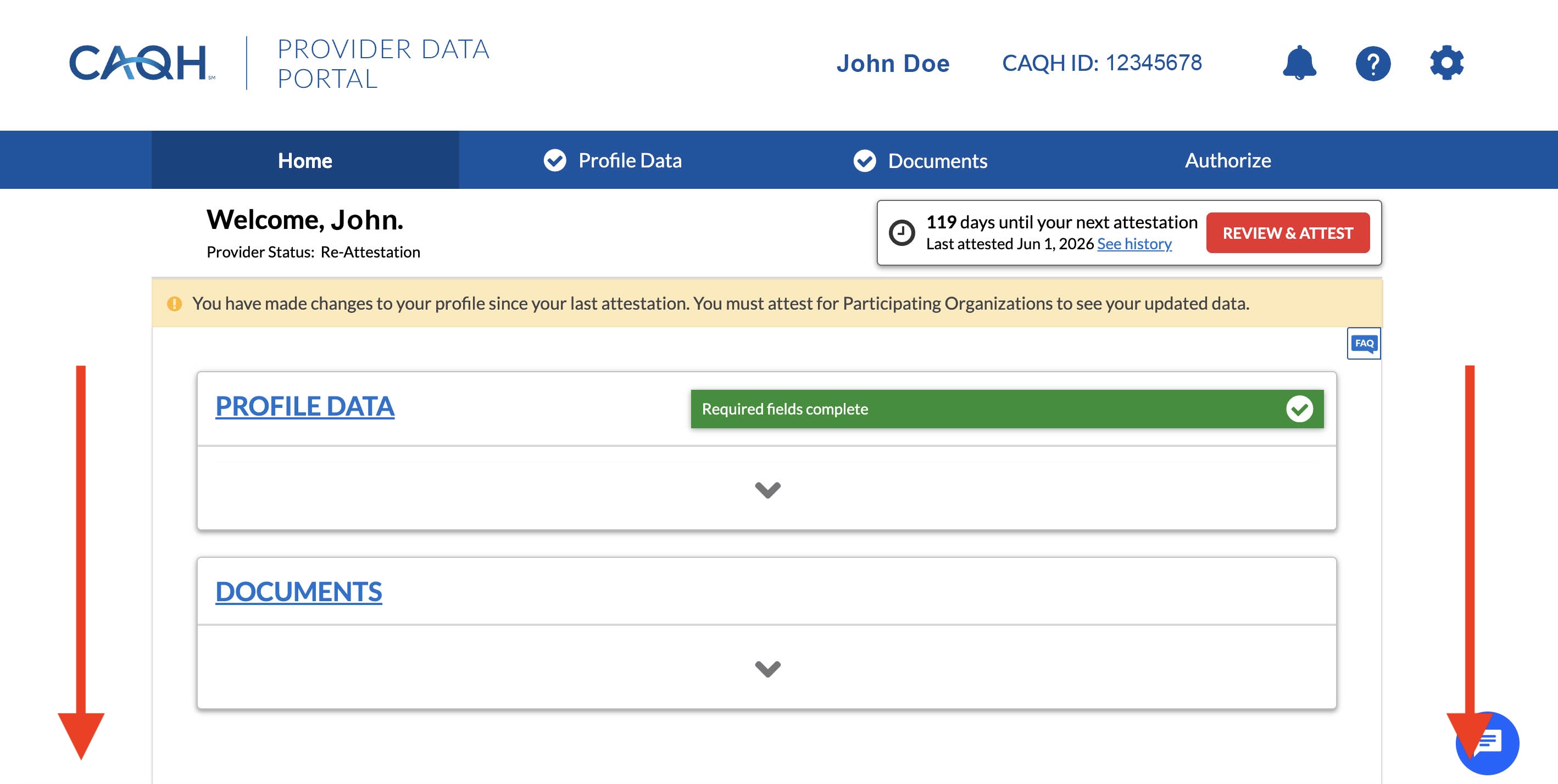 CAQH Provider Data Portal home screen with arrows indicating that the user should scroll down.