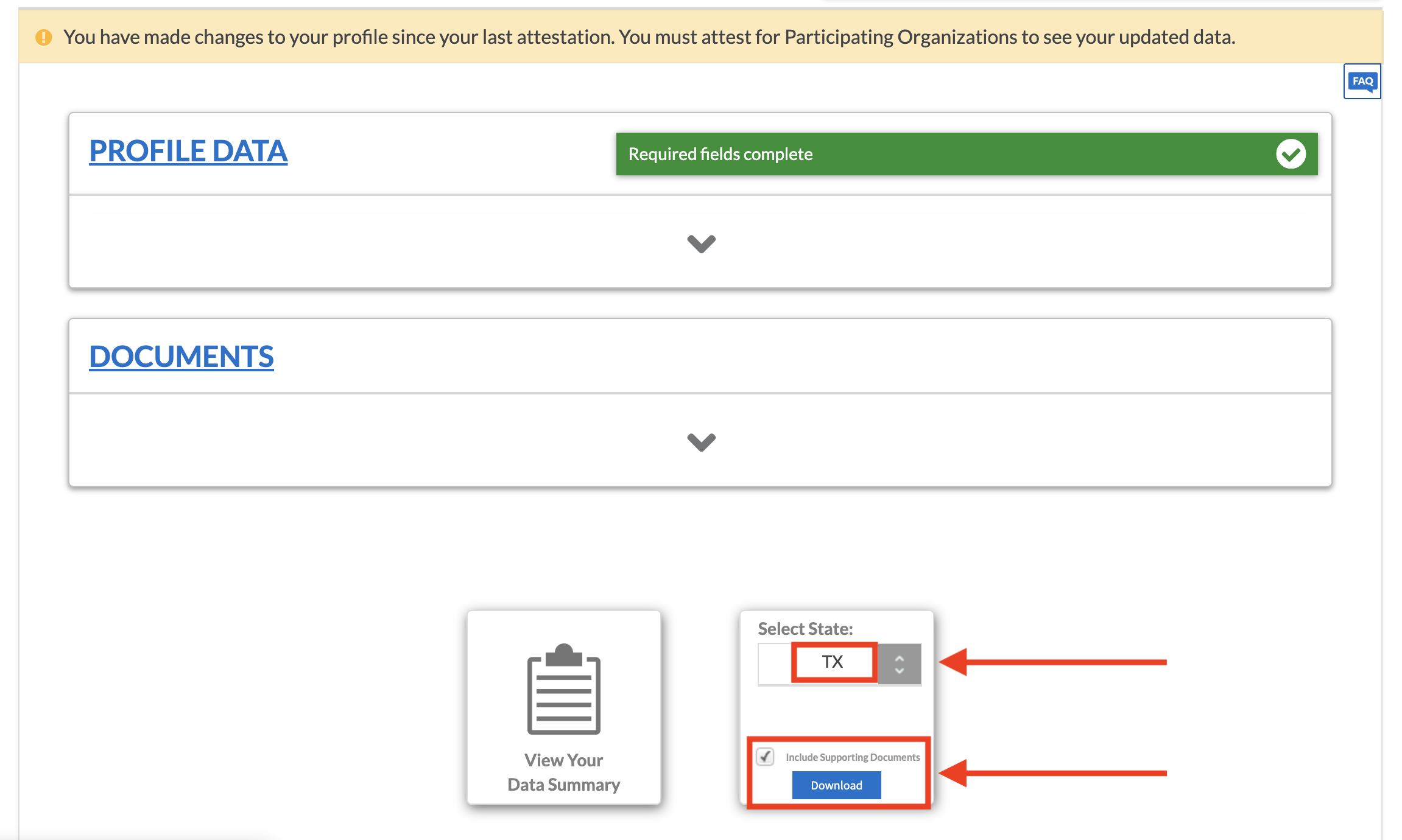 CAQH state application download controls showing the state dropdown, Include Supporting Documents checkbox, and Download button.